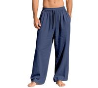 Mens Linen Pants Drawstring Relaxed Fit Straight Leg Casual Trousers (Navy,S)