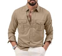 Mens Long Sleeve Button Down Shirt Two Flap Pockets Casual Workwear Top (Khaki,3TG)