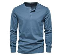 Mens Long Sleeve Shirt Henley Three Button Casual Pullover Everyday Top (Blue,4TG)
