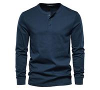 Mens Long Sleeve Shirt Henley Three Button Casual Pullover Everyday Top (Navy,TG)