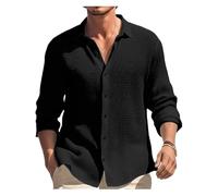 Mens Long Sleeve Shirts, Men's Casual Solid Color Waffle Button Long Sleeve Shirt(Black,M)