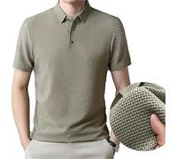 Men's Mesh T-Shirt,Wrinkle-Free Textured Slim Fit Polo Shirt,Mesh V-Neck Short Sleeve Polo Shirt,Ice Silk Breathable Polo Shirt (FR/ES, Alpha/Lettres, L, Taille Normale, Taille Normale, Khaki)