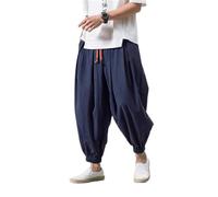 Men's Pants Loose Cotton Linen Drawstring Wide-Legged Harlan Trouser-Blue-X-Large
