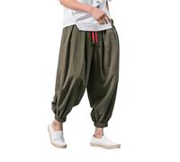 Men's Pants Loose Cotton Linen Drawstring Wide-Legged Harlan Trouser-Green0-Medium