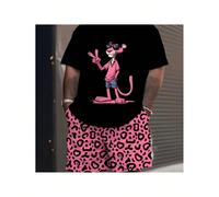 Men's Pink Panther Cartoon Print T-Shirt - Black with Pink Graphic, Loose Fit Short Sleeve, Breathable Summer Casual Tee, Made in USA, Perfect Gift for Mother's Day, Thanksgiving & Leisure Clothing, C