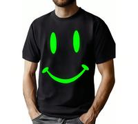 Men's Retro Happy Hardcore Smile Glow-in-the-Dark Graphic T-Shirt - Black Cotton Crew Neck Tee with Neon Green joyful Face Design, Casual Raver for All Seasons KOMFORT & SICHERHEIT - Das Kinder-T-Shir