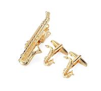 Men's Shirt Cufflinks Tie Clip Set Classic Music Saxophone Cuffs Button Business Suit Accessorie(Gold)