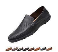 Mens Slip on Leather Loafers, Wide Fit Flat Walking Loafer Shoes, Anti-Slip Driving Moccasins(Black Hollow,41 EU)