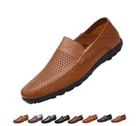 Mens Slip on Leather Loafers, Wide Fit Flat Walking Loafer Shoes, Anti-Slip Driving Moccasins(Brown Hollow,41 EU)