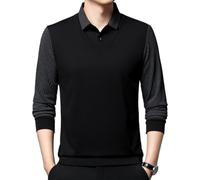 Men's Striped Lapel Fake Business Casual Long Sleeve Polo Tops Two-Piece Shirt Long Sleeve Polo Shirts (Black,TTG)