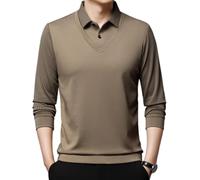 Men's Striped Lapel Fake Business Casual Long Sleeve Polo Tops Two-Piece Shirt Long Sleeve Polo Shirts (Khaki,TTG)