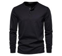 Mens Three Button Henley Shirt Long Sleeve Solid Color Layering Top (Black,TP)