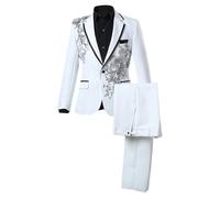 Mens Tuxedo 2 Piece Tuxedo Diamond Floral Encrusted Suits Blazer Pants for Wedding Prom with Tie White X Large