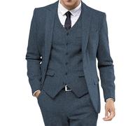 Mens Tuxedo Suit Set Retro Tweed Tuxedos Dress Wedding Prom Suits 3 Piece Peak Lapel Dress Jacket Vest Pants Navy X Large