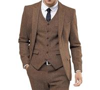 Men's Tuxedos Retro Tweed Tuxedos Dress Wedding Prom Suits 3 Piece Peak Lapel Dress Jacket Vest Pants Brown 3X Large
