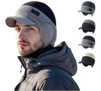 Men's Winter Knitted Earflap Hat, Winter Beanie with Brim and Ear Flaps, Outdoor Warm Fleece Line Knitted Stocking Caps (Grey)