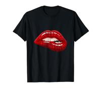 Men's Women's Illustration Red Biting Lips Graphic Design T-Shirt Graphique avec Valeur, Homme, Noir, XL