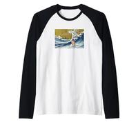 Mens Womens Retro Vintage Surfing Great Wave Akita Inu Lover Manche Raglan