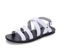 Men's Work Shoes Summer Sandals for Men Leisure Lightweight Water Flat Shoes Ankcle Strap with Adjustable Buckle Genuine Leather Perforated Open Toe Mountain Bike Shoes (White 42 EU)