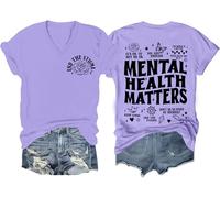 Mental Health Matters Shirt End The Stigma T-shirt à message positif pour la santé mentale de motivation T-shirt à col en V, violet clair, XL