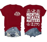 Mental Health Matters Shirt End The Stigma T-shirt à message positif pour la santé mentale de motivation T-shirt à col en V, bordeaux, L