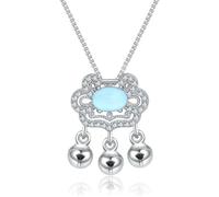 MENTAM Collier de Feng Shui chinois, pendentif traditionn Pendentif de richesse en forme de cloche avec cadenas de longévité en pierre de lune bleue, design simple for femmes, à la mode