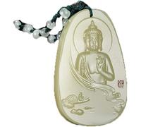MENTAM Collier de Feng Shui chinois, pendentif traditionn Pendentif de style chinois en jade vert Hotan naturel blanc Rulai Bouddha Guanyin Bodhisattva