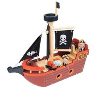 Mentari Toys - Bateau pirate en bois avec voiles en tissu, roue tournante, marins et canon - Jouet interactif pour jeu imaginatif - Stimule la narration et la motricité - À partir de 3 ans