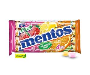 Mentos - Pack de 4 Rouleaux Fruits - Bonbons Mentos Tendres et Croquants, 3 Goûts Assortis - Fraise, Orange, Citron - Rouleaux Classiques à Partager - Lot de 1