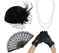 MENUY Lot de 4 accessoires des années 20 pour femme Gatsby le Magnifique avec chapeau vintage, gants en dentelle, collier de perles, éventails d'orchidées pour Halloween, Noël, fêtes élégantes et bals