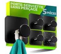 Menz 5 Pièces Crochet Adhesif Mural, Porte Serviette Salle de Bain, Etanche Autocollan Accroche Pour Torchon de Cuisine, Noir