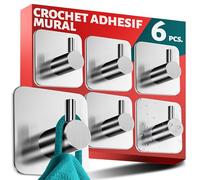 Menz 6 Pièces Crochet Adhesif Mural, Porte Serviette Salle de Bain, Etanche Autocollan Accroche Pour Torchon de Cuisine, Argenté