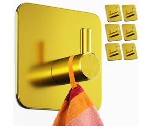 Menz Lot de 6 crochets porte-serviettes sans perçage - Extra solides - Sans perçage - Crochets adhésifs en acier inoxydable - Avec pastilles adhésives imperméables - Pour salle de bain - Doré