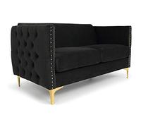 Menzzo Canapé 2 Places Joshua Velours Noir - Canapé capitonné Design avec Pieds métal doré - Sofa Moderne Confortable pour Salon