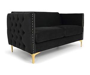 Menzzo Canapé 2 Places Joshua Velours Noir - Canapé capitonné Design avec Pieds métal doré - Sofa Moderne Confortable pour Salon