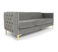 Menzzo Canapé 3 Places Joshua en Velours Argent - canapé capitonné Confortable avec Pieds dorés - Style Chic et Moderne - L204 cm