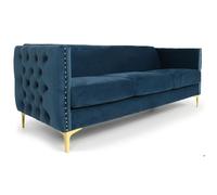 Menzzo Canapé 3 Places Joshua en Velours Bleu avec Pieds métal doré - Style Moderne capitonné - L204 cm