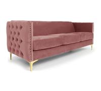 Menzzo Canapé 3 places Joshua Velours Rose L204×P70×H74 cm Accoudoirs capitonnés Pieds métal doré