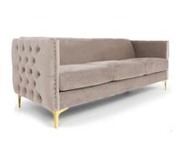 Menzzo Canapé 3 Places Joshua en Velours Taupe - Design Capitonné Chic, Pieds Métal Doré, Assise Confortable - L204