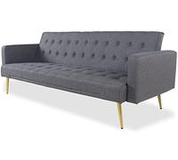 Menzzo Canapé Convertible Clic-Clac JUSTY 3 Places Tissu Gris Foncé - Canapé Lit 191 cm Design Moderne avec Pieds Métal Doré - Salon & Couchage d’Appoint