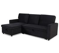 Menzzo Canapé d’Angle Convertible BALEARES 5 Places Velours Noir - Lit intégré - Grand canapé Moderne Confortable - Angle réversible - L260 x P150 x H85 cm