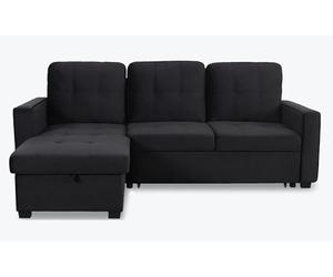 Menzzo Canapé d’Angle Convertible Delacroix Velours Noir - 4 Places Réversible avec Coffre de Rangement - Canapé Lit Design Moderne avec Méridienne Modulable