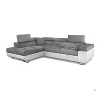 MENZZO Canapé d'angle convertible Antoni avec têtières relevables angle gauche simili Blanc et tissus Gris clair -L255 x P188 x