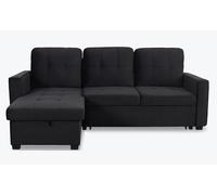 Menzzo Canapé d'angle Convertible Delacroix 4 Places en Velours Noir - Réversible avec Coffre de Rangement - Couchage 120 x 198 cm - L230 x P153 x H93 cm