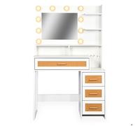 MENZZO Coiffeuse 4 tiroirs et miroir LED 3 couleurs Miraclas L92cm Bois Blanc et Rotin