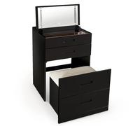 Menzzo Coiffeuse compacte 60 cm Germina XL - Miroir LED - 2 tiroirs + Pouf intégré - Bois MDF Noir - Meuble Maquillage Gain de Place