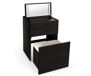Menzzo Coiffeuse compacte 60 cm Germina XL - Miroir LED - 2 tiroirs + Pouf intégré - Bois MDF Noir - Meuble Maquillage Gain de Place
