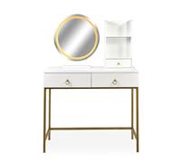 Menzzo Coiffeuse Oracle avec Miroir Rond Lumineux - 90 cm - Meuble Maquillage Blanc & Or - Éclairage LED Moderne - Table de beauté avec Rangement