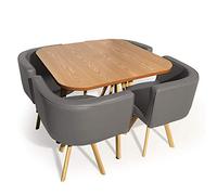 Menzzo Ensemble Table + 4 Chaises Scandinaves Oslo - Design Gris & Chêne - Table 90×90×75 cm - Salle à Manger Moderne - Mobilier Cuisine & Repas Contemporain