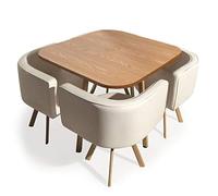 Menzzo Ensemble Table + 4 Chaises Scandinaves Oslo - Table Carrée Beige & Structure métal Chêne Clair - Design Moderne pour Salle à Manger - Assise Chaises Matelassées